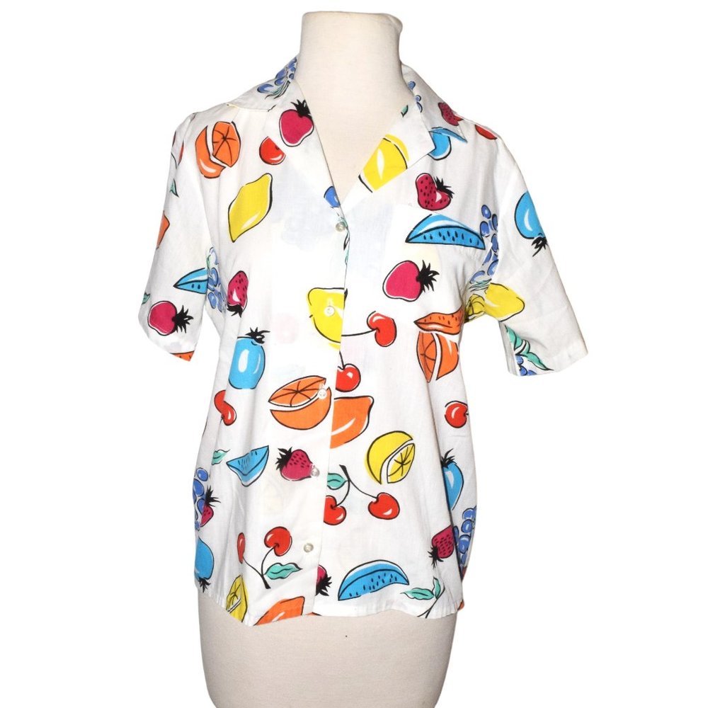 Vintage Sears Fruit Print Short Sleeve Button Front Shirt  Size 8